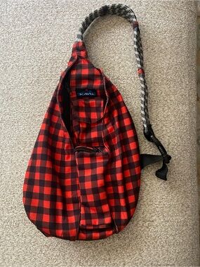 KAVU Rope Sling Bag Red Black Buffalo Plaid Crossbody Backpack Outdoor Travel